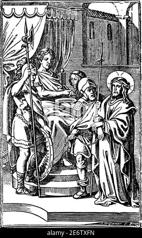 1. Oder erste Station des Kreuzes oder Kreuzweg oder Via Crucis. Jesus ist zum Tode verurteilt.Bibel, Neues Testament. Antike Vintage biblische religiöse Gravur oder Zeichnung. Stock Vektor