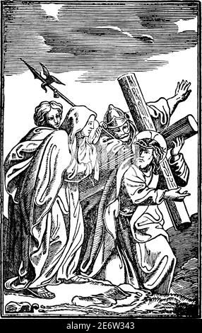 4. Oder 4. Station des Kreuzes oder Kreuzweg oder Via Crucis. Jesus begegnet seiner Mutter Maria.Bibel, Neues Testament. Antike Vintage biblische religiöse Gravur oder Zeichnung. Stock Vektor