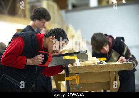 Frankreich, Haute-Garonne, Toulouse, die Begleiter der Tour de France, Workshops der F?d?ration Compagnonnique de Toulouse, Studenten in der Ausbildung, Zimmerei Stockfoto