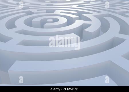 Weißes kreisförmiges Labyrinth. Ausgezeichnete Grafik als Hintergrund, Konzept für mehrere Lösungen oder Erfolg im Geschäft oder jede andere Idee, 3d-Illustration Stockfoto