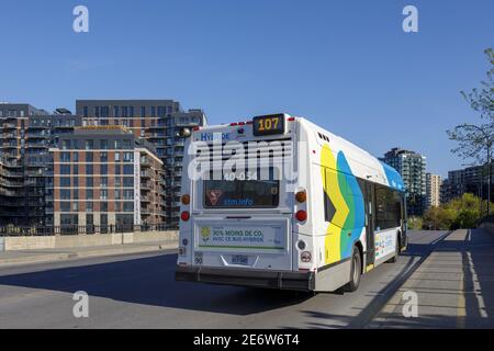Kanada, Provinz Quebec, Montreal, das neue Griffintown-Viertel und seine neuen Wohngebäude entlang des Lachine-Kanals, hybrider STM-Bus mit öffentlichen Verkehrsmitteln Stockfoto