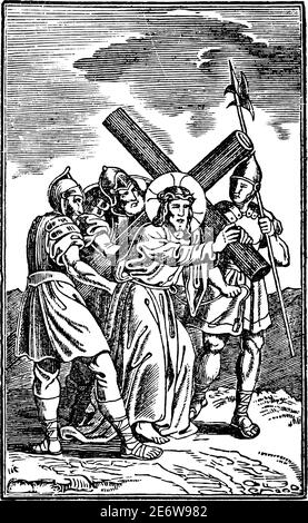 2. Oder 2. Station des Kreuzes oder Kreuzweg oder Via Crucis. Jesus trägt sein Kreuz.Bibel, Neues Testament. Antike Vintage biblische religiöse Gravur oder Zeichnung. Stock Vektor