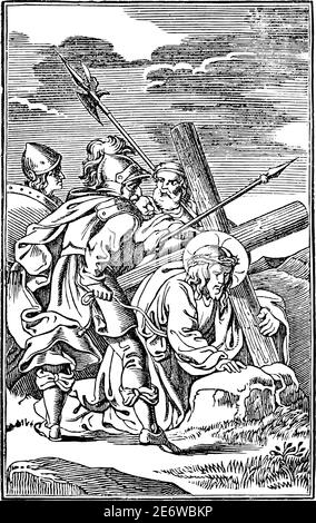 3. Oder 3. Station des Kreuzes oder Kreuzweg oder Via Crucis. Jesus fällt zum ersten Mal.Bibel, Neues Testament. Antike Vintage biblische religiöse Gravur oder Zeichnung. Stock Vektor