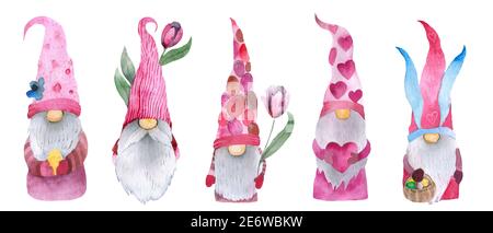 Niedliche Gnome mit Herzen in rosa Hüten für Valentinstag Karten, Geschenke, T-Shirts, Tassen, Aufkleber, Scrapbooking Kunsthandwerk und Design. Stockfoto