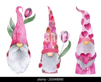 Niedliche Gnome mit Herzen in rosa Hüten für Valentinstag Karten, Geschenke, T-Shirts, Tassen, Aufkleber, Scrapbooking Kunsthandwerk und Design. Stockfoto