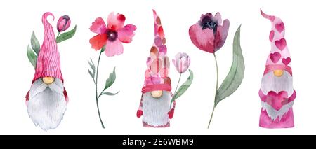 Niedliche Gnome mit Herzen in rosa Hüten für Valentinstag Karten, Geschenke, T-Shirts, Tassen, Aufkleber, Scrapbooking Kunsthandwerk und Design. Stockfoto