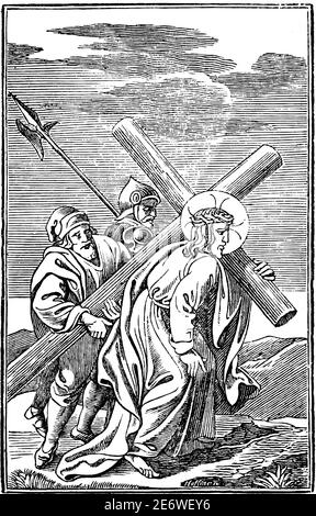 5. Oder 5. Station des Kreuzes oder Kreuzweg oder Via Crucis. Simon von Kyrene hilft Jesus das Kreuz zu tragen.Bibel, Neues Testament. Antike Vintage biblische religiöse Gravur oder Zeichnung. Stock Vektor