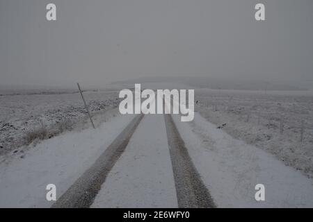 Verschneite Reifenspuren, die während eines weißen Auswehens in einem Winterschneesturm auf der kleinen A897 Kildonan nach Melvich Road, Schottische Highlands, im Nebel verschwinden. Stockfoto