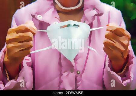 Nahaufnahme von älteren Frauen Hände halten Gesichtsmaske. Illustration Malerei Hintergrund Stockfoto