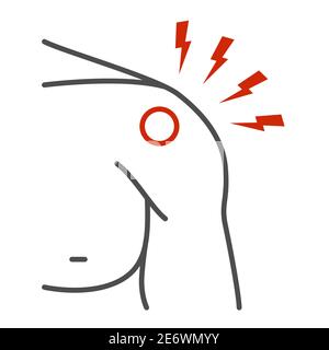 Schulterschmerzen dünne Linie Symbol, Körperschmerzen Konzept, schmerzhafte Schulter Zeichen auf weißem Hintergrund, Schulterschmerzen mit Blitz Symbol in Umriss Stil für Stock Vektor