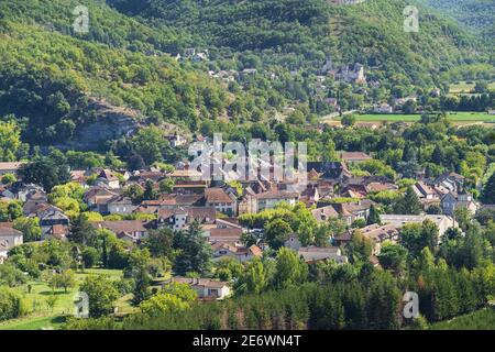 Frankreich, Lot, Cajarc auf der Via Podiensis, einer der Pilgerwege nach Santiago de Compostela oder GR 65 (UNESCO Weltkulturerbe) Stockfoto