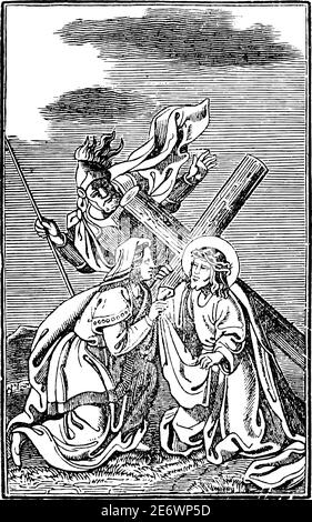 6. Oder 6. Station des Kreuzes oder Kreuzweg oder Via Crucis. Veronica wischt das Gesicht von Jesus.Bible, New Testament.Antique Jahrgang biblischen religiösen Gravur oder Zeichnung. Stock Vektor