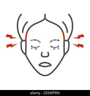 Tempel Schmerz dünne Linie Symbol, Gesundheitskonzept, Migräne-Zeichen auf weißem Hintergrund, menschlicher Kopf mit Blitz-Symbol in Umriss-Stil für mobile Konzept Stock Vektor