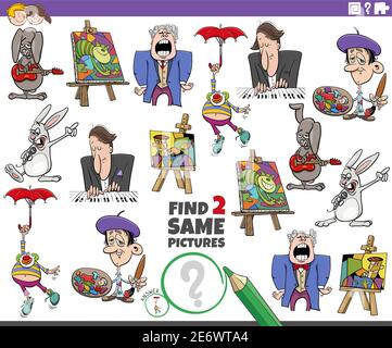 Cartoon Illustration der Suche nach zwei gleichen Bildern pädagogische Aufgabe mit Comic-Figuren Stock Vektor