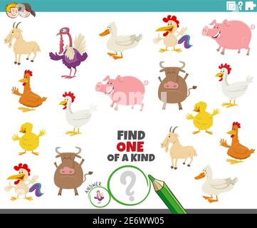 Cartoon Illustration der finden Sie eine Art Bild pädagogisch Spiel mit Comic-Bauernhof Tierfiguren Stock Vektor