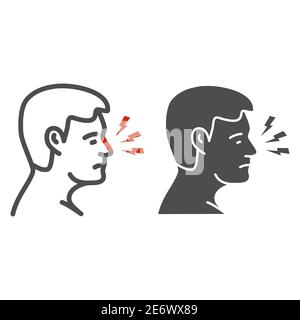 Nase schmerzt Linie und solide Symbol, Körper Schmerz Konzept, menschliche Nase mit Blitz Zeichen auf weißem Hintergrund, Nase Schmerzen Symbol in Umriss Stil für mobile Stock Vektor