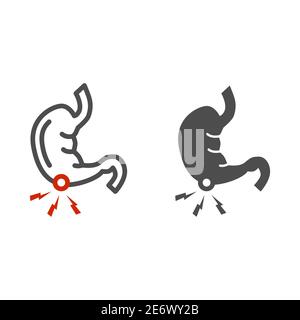 Magenschmerzen Linie und feste Symbol, Gesundheit Probleme Konzept, Bauchschmerzen Zeichen auf weißem Hintergrund, krank menschlichen Magen Symbol in Umriss Stil für mobile Stock Vektor