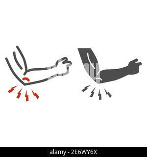 Schmerzen in Ellenbogenlinie und solide Symbol, Body Pain Konzept, Ellenbogenschmerzen Zeichen auf weißem Hintergrund, Arm Schmerzen Symbol in Umriss Stil für mobile Konzept und Web Stock Vektor