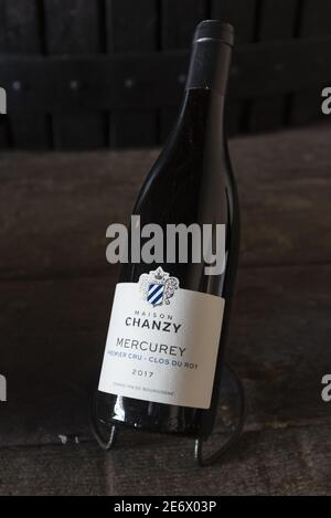 Frankreich, Saone et Loire, Bouzeron, Domaine Chanzy, Flasche AOC Mercurey Stockfoto