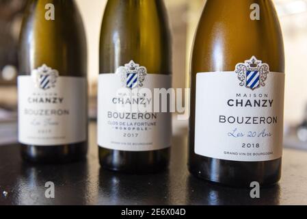 Frankreich, Saone et Loire, Bouzeron, Domaine Chanzy, 3 Flaschen AOC Bouzeron Stockfoto