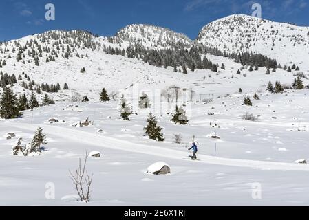 Frankreich, Haute Savoie, Faucigny, Brison, Plateau de Solaison, Skifahrer auf dem Plateau Stockfoto