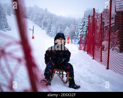 Boy Rodeln auf verschneiten Hang in den Bergen. Stockfoto