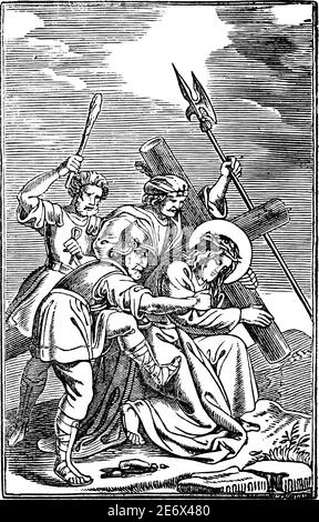 7. Oder 7. Station des Kreuzes oder Kreuzweg oder Via Crucis. Jesus fällt zum zweiten Mal.Bibel, Neues Testament. Antike Vintage biblische religiöse Gravur oder Zeichnung. Stock Vektor