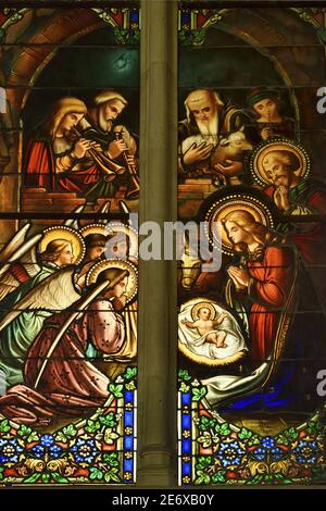 Frankreich, Dordogne, Molieres, Notre-Dame-de-la-Nativite Kirche, Glasfenster mit Darstellung der Krippe Stockfoto