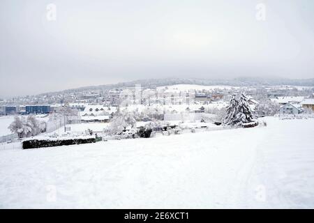 Panoramablick auf das Dorf Urdorf in der Schweiz im Winter. Im Januar 2021 ist es bei extremem Schneefall mit Schnee bedeckt. Stockfoto