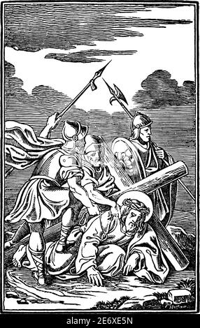 9. Oder 9. Station des Kreuzes oder Kreuzweg oder Via Crucis. Jesus fällt zum dritten Mal.Bibel, Neues Testament. Antike Vintage biblische religiöse Gravur oder Zeichnung. Stock Vektor