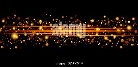 Leuchtend gelbe Streifen und Lichtblitze auf dunklem Hintergrund. Leuchtender abstrakter, glitzernder Hintergrund mit gelben Akzenten. Stockfoto