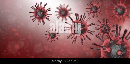 Virale Bakterien oder Mikroorganismen unter einem Mikroskop auf rotem Hintergrund. 3D-Rendering von Bakterien. Pandemie-Gesundheitsrisiko-Konzept. Stockfoto