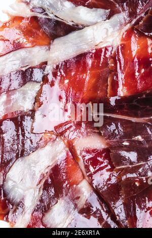 Makroaufnahme von jamón ibérico oder iberischem Schinken Stockfoto