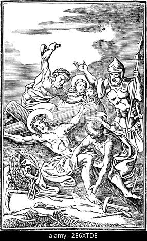 11. Oder 11. Station des Kreuzes oder Kreuzweg oder Via Crucis. Jesus wird an das Kreuz genagelt.Bibel, Neues Testament.Antique Jahrgang biblischen religiösen Gravur oder Zeichnung. Stock Vektor