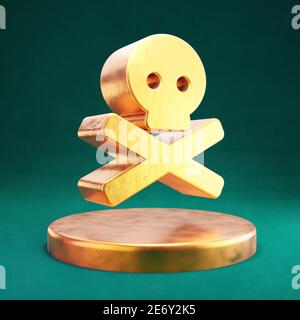 Symbol „Schädel-Kreuzknochen“. Fortuna Gold Skull Crossbones Symbol auf goldenem Podium. Stockfoto