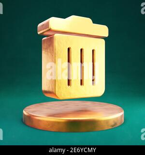 Papierkorbsymbol. Fortuna Gold Trash Symbol auf goldenem Podium. Stockfoto