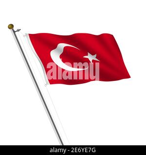 Türkei Fahnenmast 3d-Illustration auf weiß mit Clipping-Pfad rot mondstern mit halbmond Stockfoto