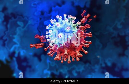Mutierendes Viruskonzept und neue Coronavirus-Variante Ausbruch oder covid-19 virale Zellmutation und Influenza Hintergrund als gefährliche Grippe Stamm medizinisch. Stockfoto