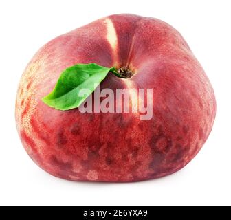 Chinesische flache Donut Pfirsich mit Blatt isoliert auf weißem Hintergrund mit Clipping Pfad. Volle Schärfentiefe. Stockfoto