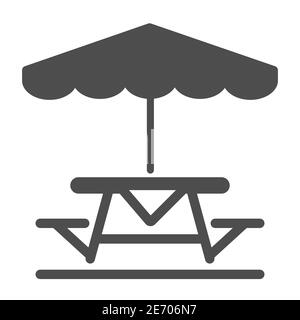 Camping Tisch und Bank mit Regenschirm solide Ikone, Picknick-Konzept, Tisch und Bank außen Zeichen auf weißem Hintergrund, Outdoor-Tisch mit Regenschirm Symbol Stock Vektor