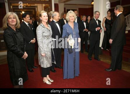 Die Herzogin von Cornwall (C) steht mit der US-Schauspielerin Meryl Streep (2. Von L) und Tipper Gore (L) zusammen, während der britische Prinz Charles am 28. Januar 2007 mit dem ehemaligen US-Vizepräsidenten Al Gore (R) im Harvard Club in New York City, USA, chattet. Der Prinz von Wales erhielt später den Global Environmental Citizen Award vom Harvard Medical School Center for Health and the Global Environment für seine herausragenden Arbeiten zum Schutz der globalen Umwelt. Foto von Mike Segar/Reuters/Pool/ABACAPRESS.COM Stockfoto