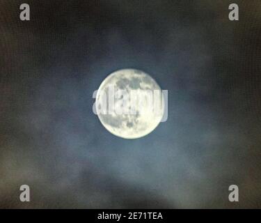Glasgow, Schottland, Großbritannien. 29. Januar 2021, UK Wetter: Vollwolf Mond in seiner zweiten Nacht, als sie für ein paar Tage später im Jahr voll erscheinen, wie es durch die Wolke scheint. Quelle: Gerard Ferry/Alamy Live News Stockfoto
