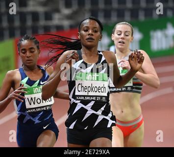 Karlsruhe, Deutschland. Januar 2021. Leichtathletik: Halle, Internationales Treffen der World Indoor Tour in der Europahalle. Leichtathletik: Halle, Internationales Treffen der World Indoor Tour in der Europahalle. Beatrice Chepkoech (M) (Kenia) gewinnt die 3000 Meter der Frauen. Quelle: Uli Deck/dpa-Pool/dpa/Alamy Live News Stockfoto