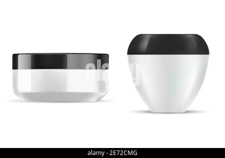 Creme Glas weißen Kunststoff Vektor-Container. Beauty-kosmetische Flasche für Gesicht Haut Peeling, isolierte Creme Paket blank mit schwarzem Deckel. Realistisches leeres rou Stock Vektor