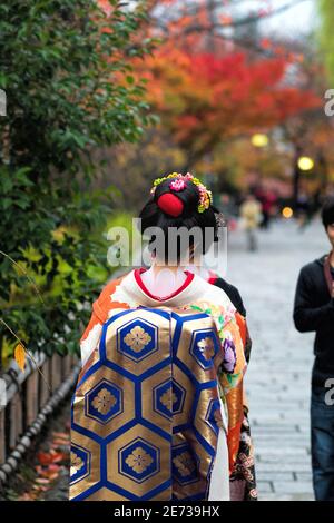 Zwei Frauen, die als Geisha gekleidet sind, gehen im Herbst die Shinbashi-dori-Straße hinunter. Stockfoto