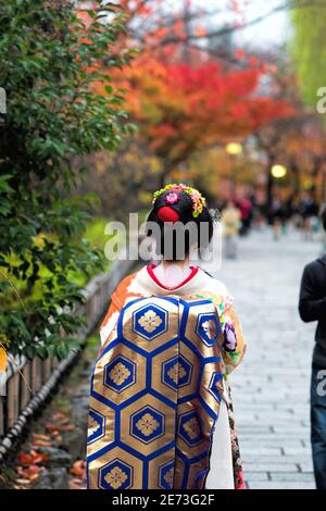 Eine Frau, die als Geisha gekleidet ist, geht im Herbst die Shinbashi-dori-Straße hinunter. Stockfoto