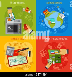 Barscheck und Kartencodeleser Zahlungsmethoden 4 flach Symbole quadratische Komposition abstrakter Vektor isolierte Illustration Stock Vektor