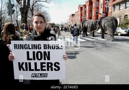 PETA-Demonstranten, gegen die Ausstellung von Tieren im Zirkus, Schilder, während "Elefanten mit Ringling Bros. Und Barnum & Bailey Circus langsam gehen während der jährlichen Pachyderm Parade in der Nähe des US-Kapitols in Washington DC, USA am 19. März 2007. Foto von Olivier Douliery/ABACAPRESS.COM Stockfoto