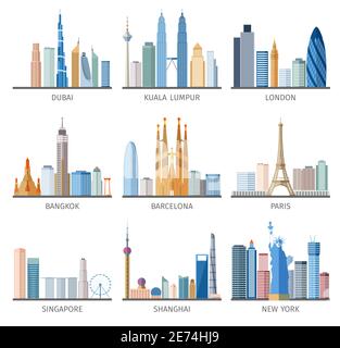 Berühmte Hauptstädte und Städte charakteristisches Downtown Business Center Gebäude Silhouetten Tag Skyline abstrakt isoliert Vektor Illustration Stock Vektor