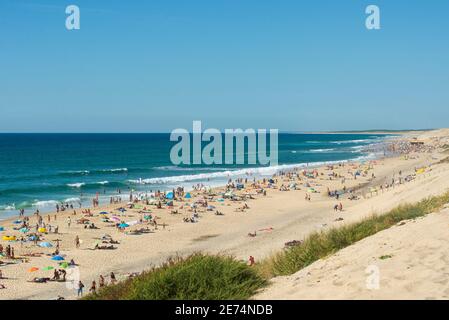 Überfüllter Strand in Biscarrosse Plage, Nouvelle Aquitaine, Frankreich. Biscarrosse ist ein wichtiges Urlaubsziel in den Landes, Südwestfrankreich Stockfoto